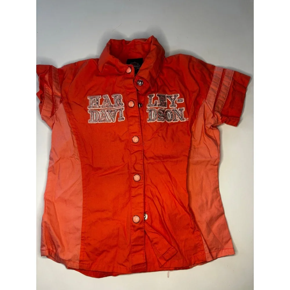 Harley Davidson Button Shirt Toddler Girls Size 24 months Orange Snap